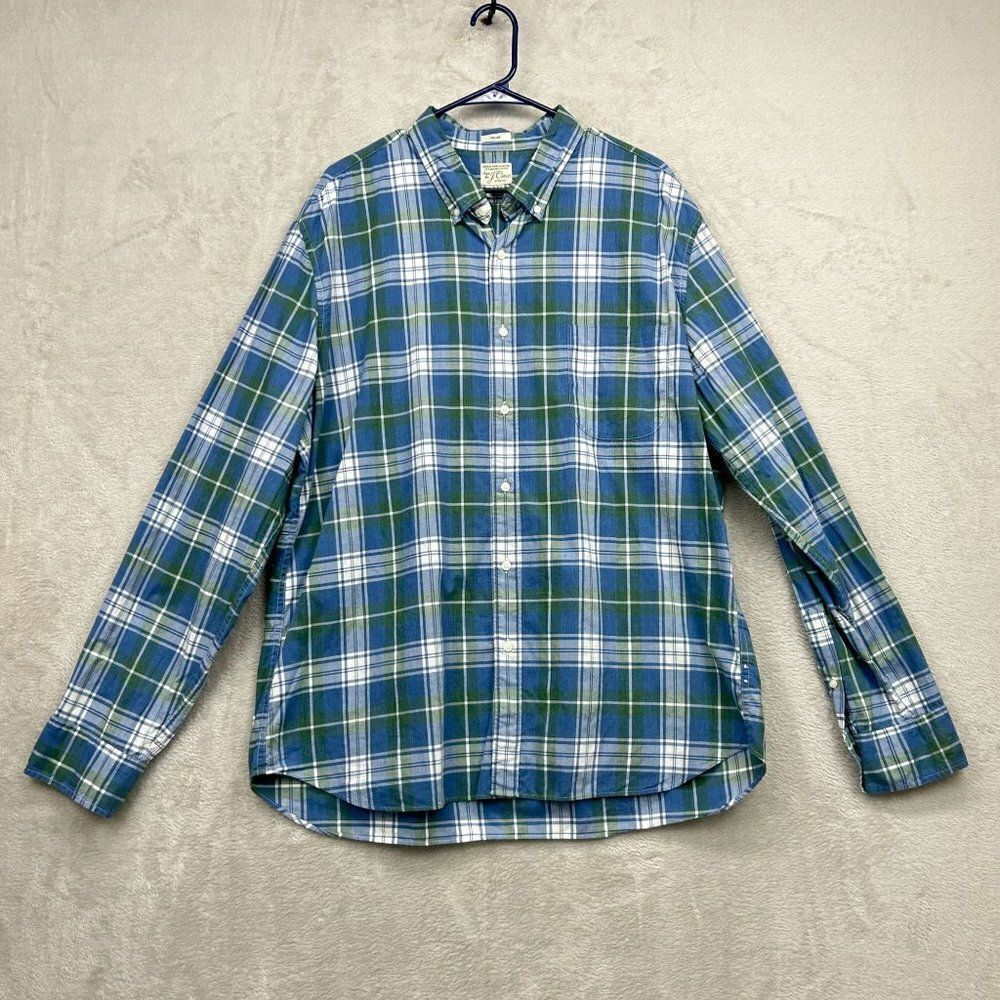 J.Crew Men's Blue Plaid Organic Cotton Slim Fit Button Up Long Sleeve Shirt XXL